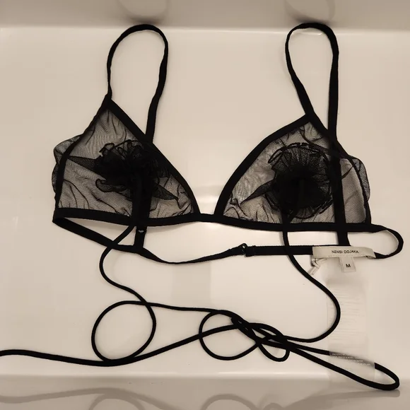 Nensi Dojaka Floral Appliqué Sheer Tulle Triangle Bra in Black at - Picture 4 of 6